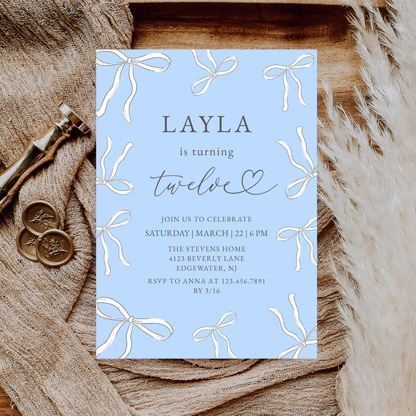 Elegant Blue Bow 12th Any Age Birthday Invitation