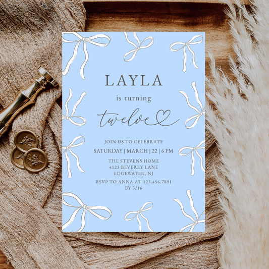 Elegant Blue Bow 12th Any Age Birthday Invitation