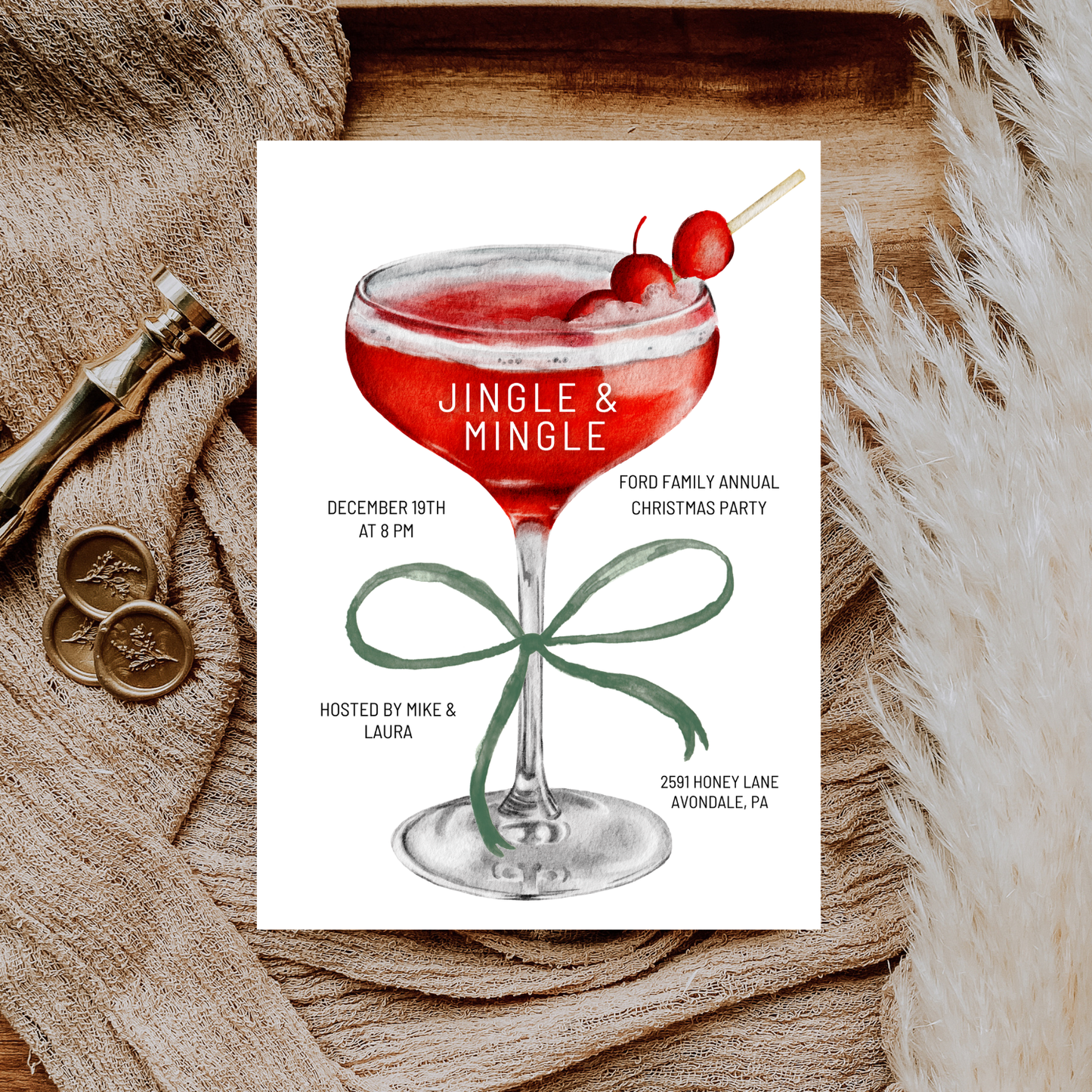 Watercolor Cocktail Christmas Party Editable Invitation