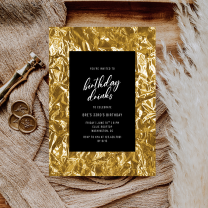 Gold Foil and Black Editable Birthday Invitation