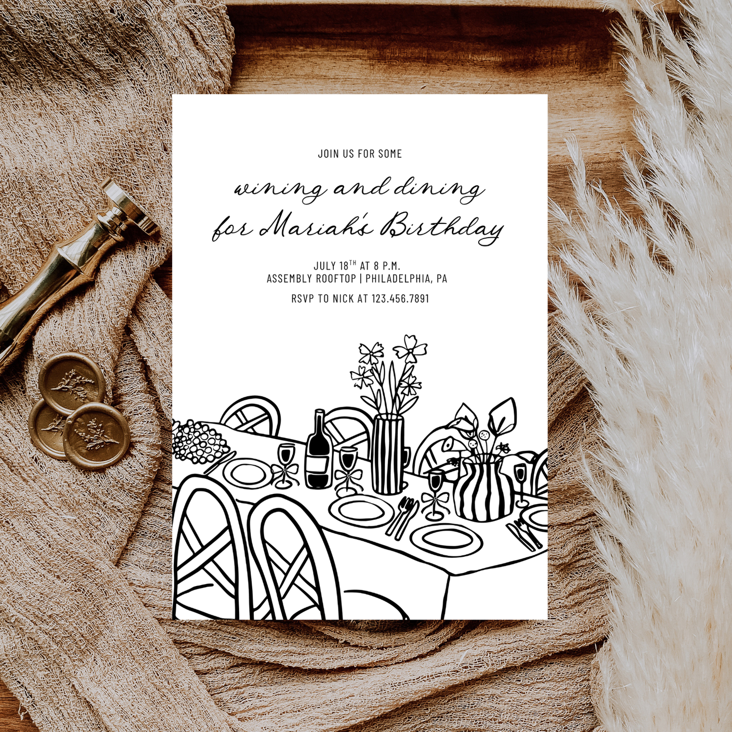 Hand-Drawn Wining and Dining Birthday Invitation