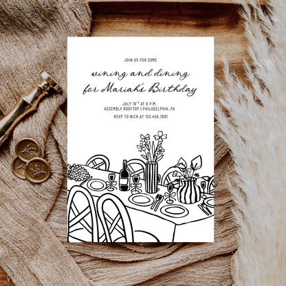 Hand-Drawn Wining and Dining Birthday Invitation