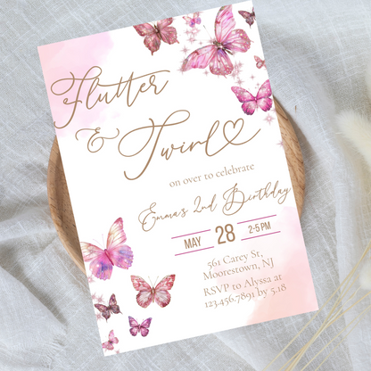 Enchanting Pink & Gold Glitter Butterfly Birthday Invitation