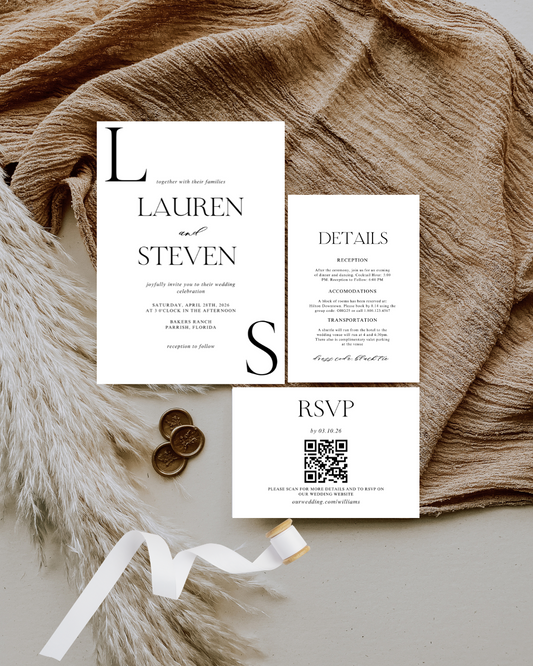 LAUREN Black & White Wedding Invitation Suite Bundle | Elegant Digital Download