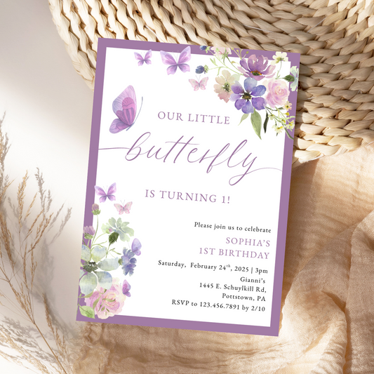 Watercolor Floral Purple Butterfly Birthday Invitation
