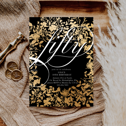 Gold Floral Fifty 50th Birthday Invitation