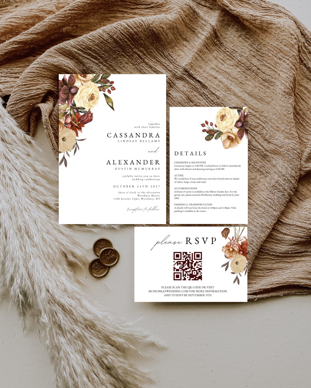 Cassandra Burgundy Floral Wedding Invitation Suite Bundle