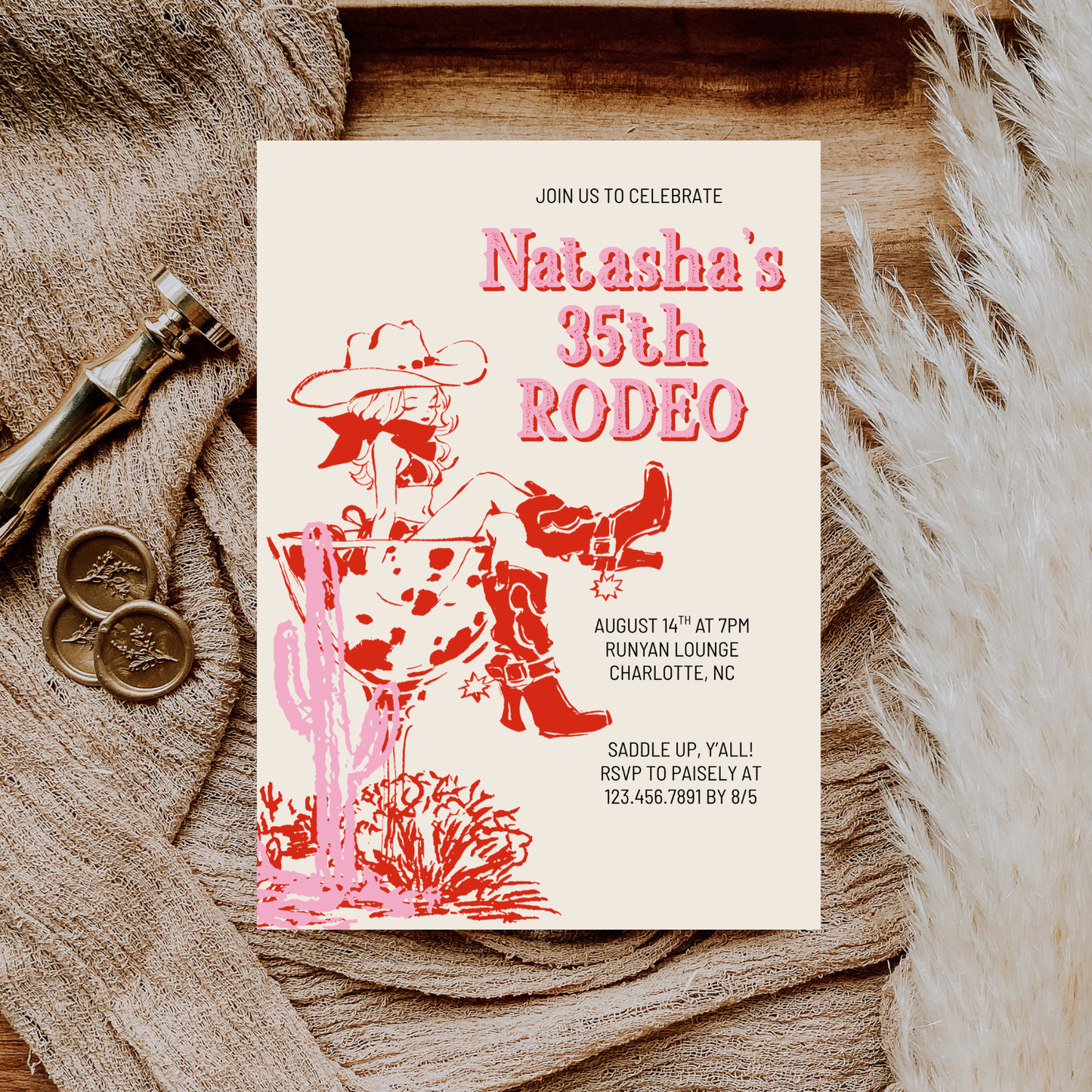 Cowgirl Western Martini Editable Birthday Invitation