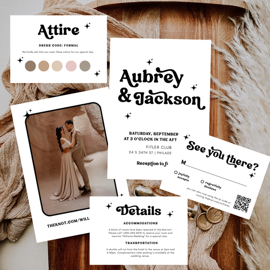KATIE Retro Wedding Invitation Suite – Digital Download Bundle + BONUS Attire Card