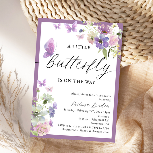 Watercolor Purple Butterfly Baby Shower Invitation