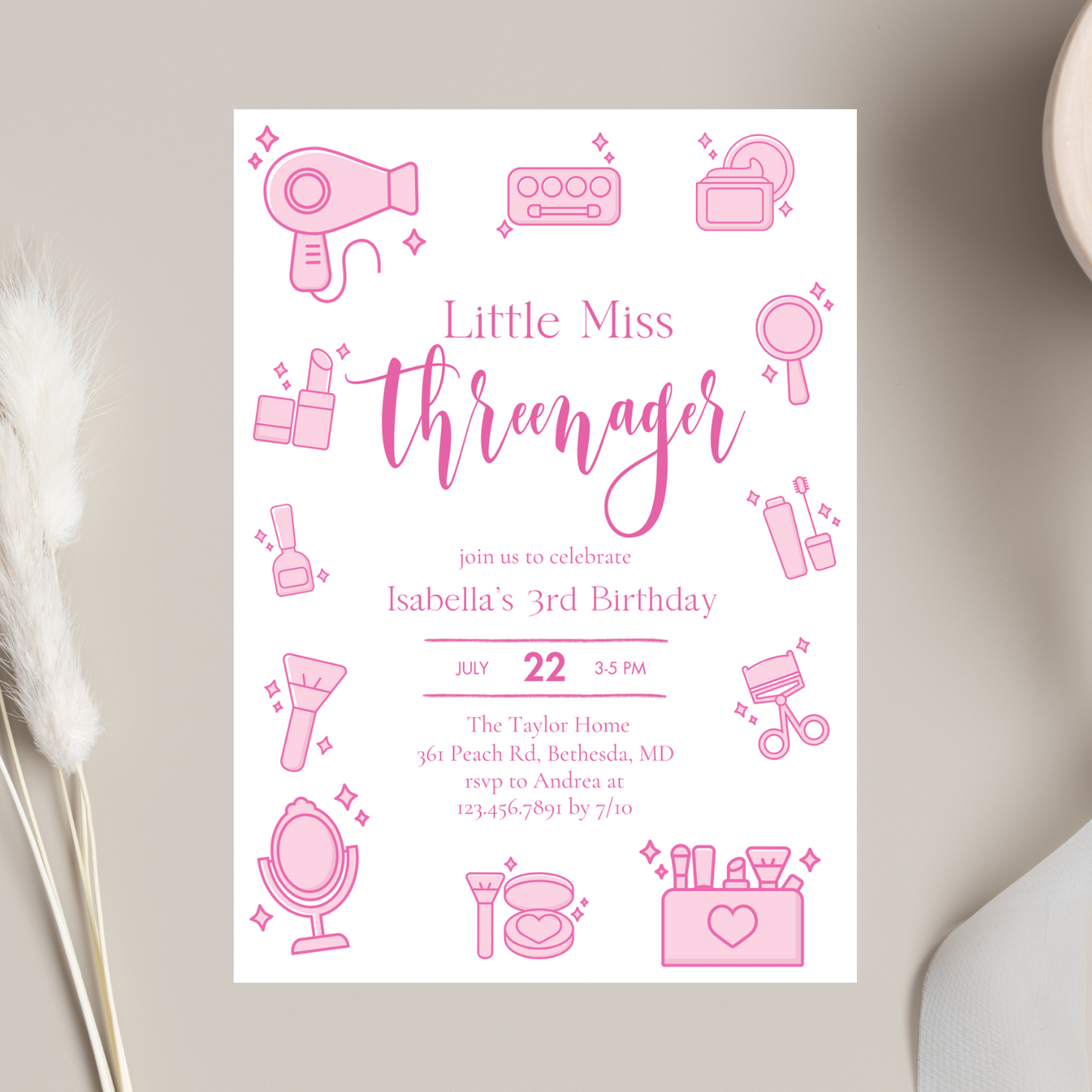 Little Miss Threenager 3rd Birthday Invitation Template