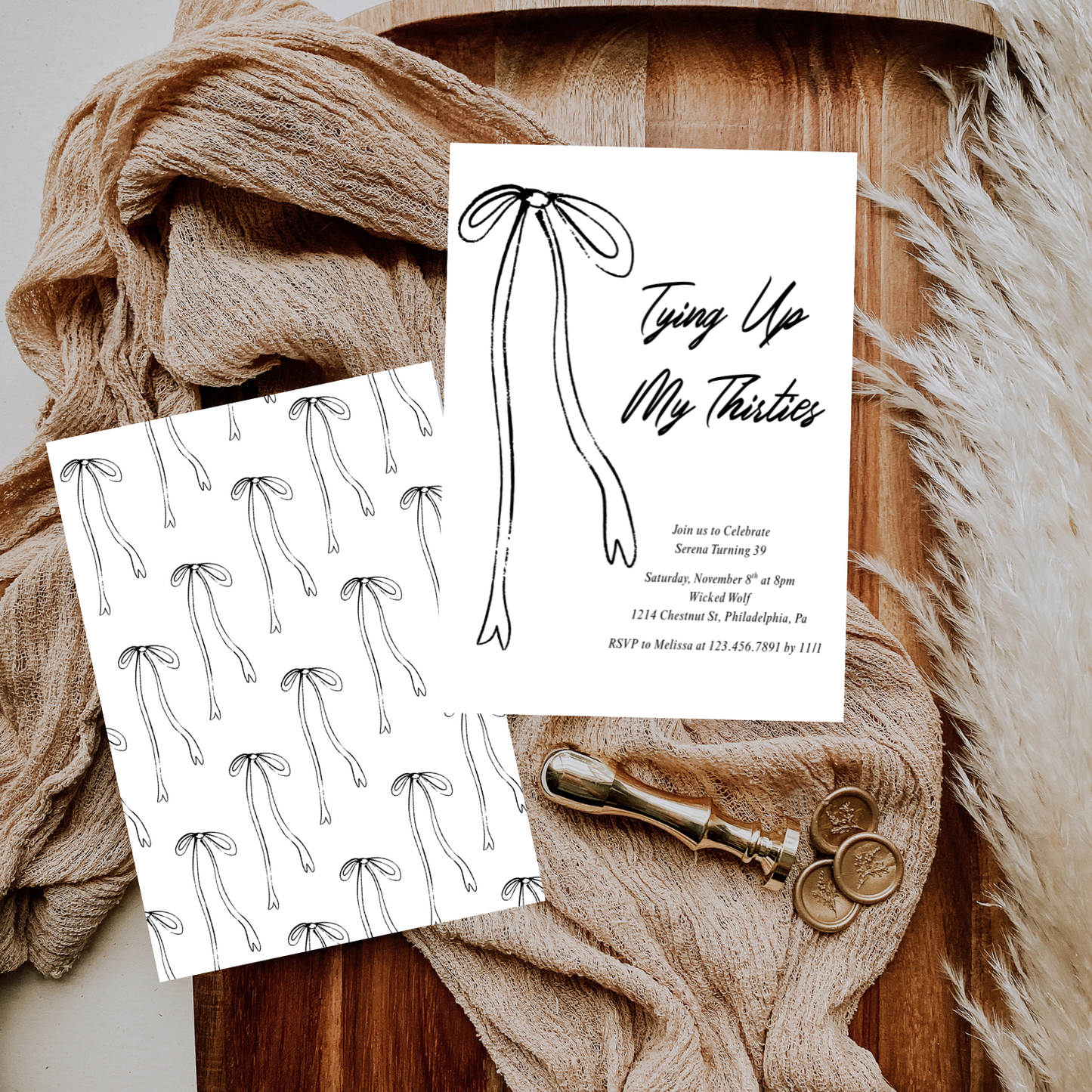 Black Bow Tying Up My Thirties Editable Birthday Invitation