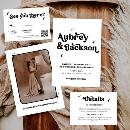 KATIE Retro Wedding Invitation Suite – Digital Download Bundle + BONUS Attire Card