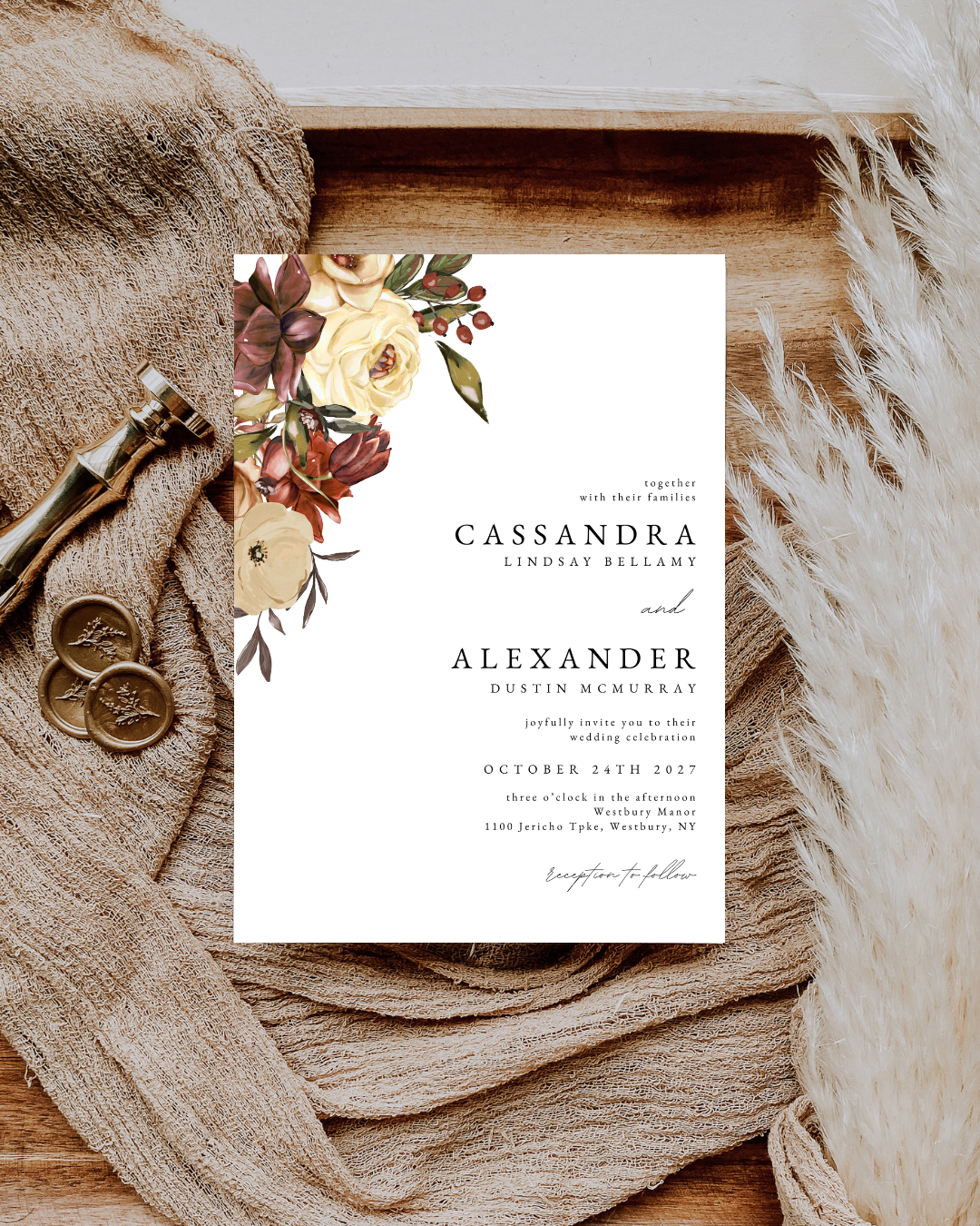 Cassandra Burgundy Floral Wedding Invitation Suite Bundle
