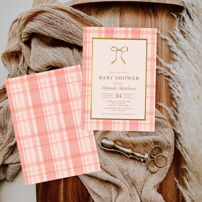 Preppy Gold and Pink Bow Baby Shower Invitation