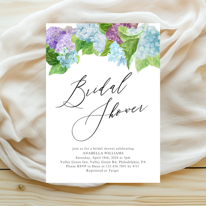 Watercolor Hydrangea Bridal Shower Invitation | Digital Download