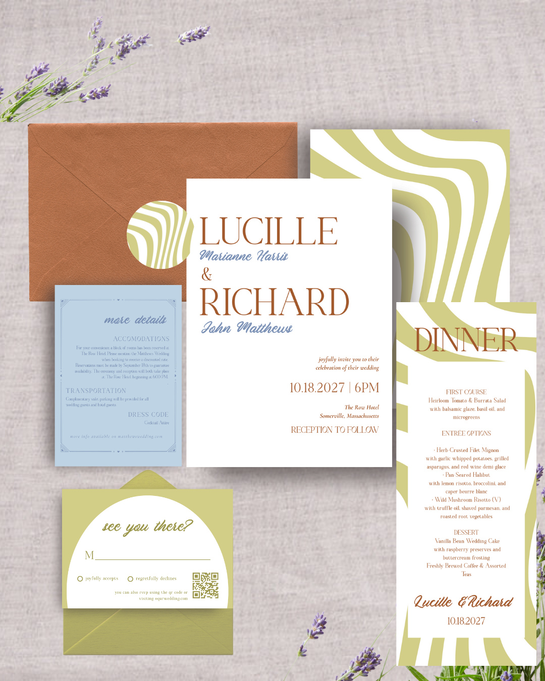 DAWN Retro Wedding Invitation Suite – Digital Download Bundle + BONUS Dinner Menu