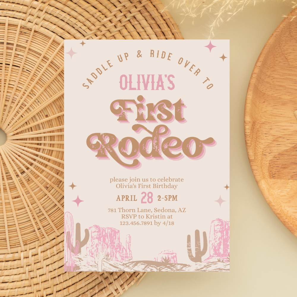 First Rodeo Western Pink Cowgirl Birthday Invitation