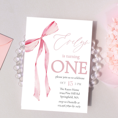 Pink Bow First Birthday Invitation