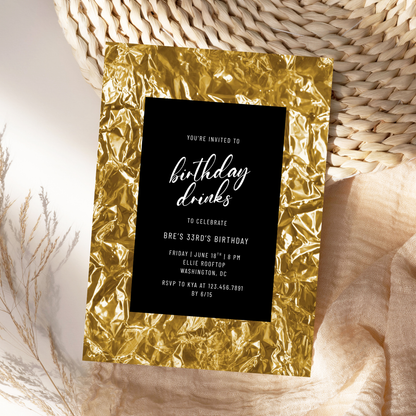 Gold Foil and Black Editable Birthday Invitation