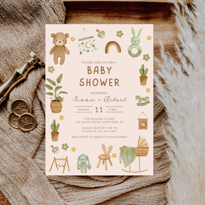 Watercolor Green Nest Baby Shower Invitation