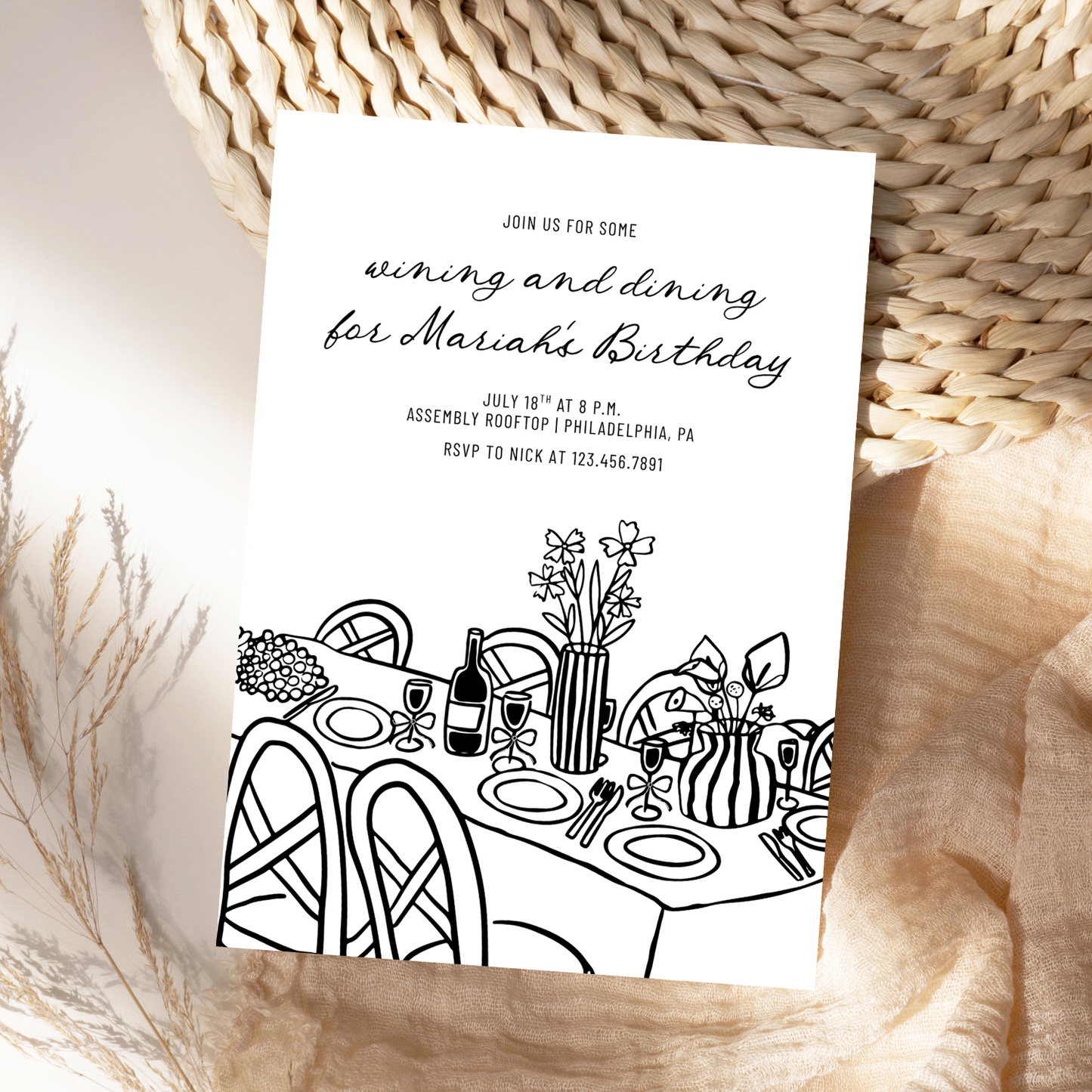 Hand-Drawn Wining and Dining Birthday Invitation