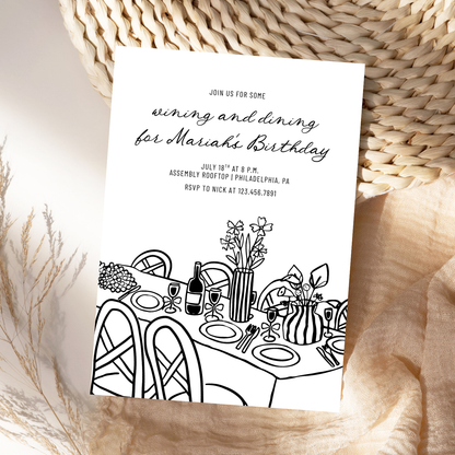 Hand-Drawn Wining and Dining Birthday Invitation