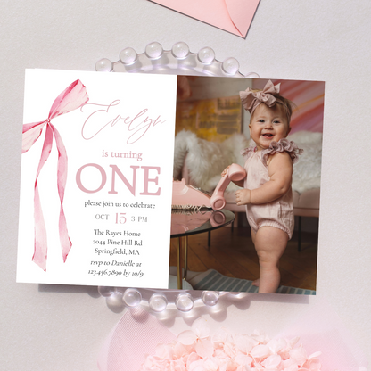 Pink Bow First Birthday Photo Invitation