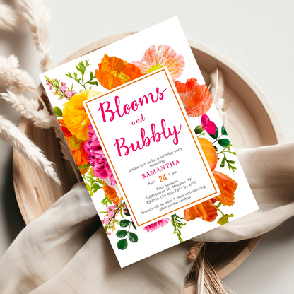 Stylish Orange & Pink Floral Birthday Invitation