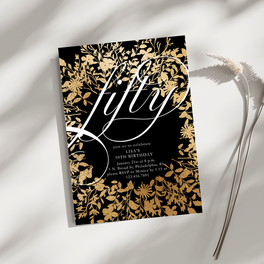 Gold Floral Fifty 50th Birthday Invitation