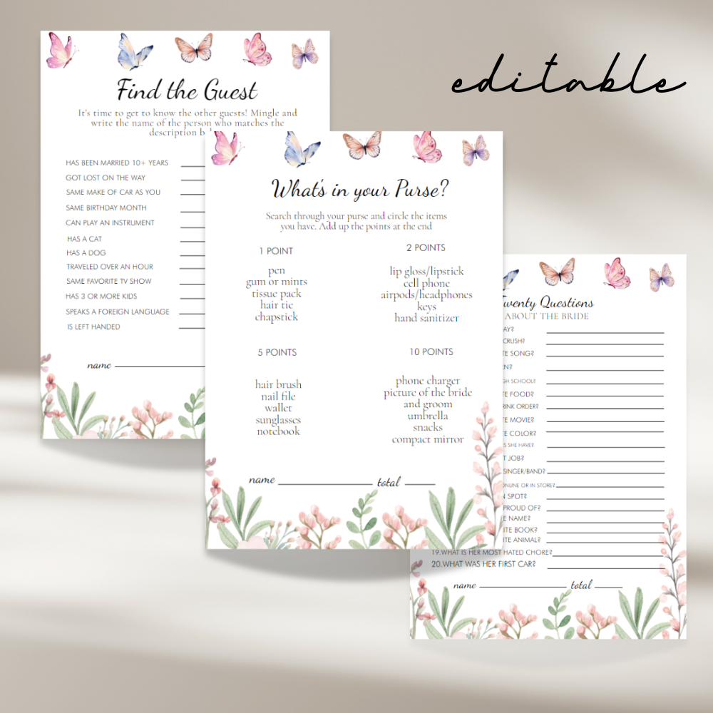 Butterflies Theme Bridal Shower Games Bundle