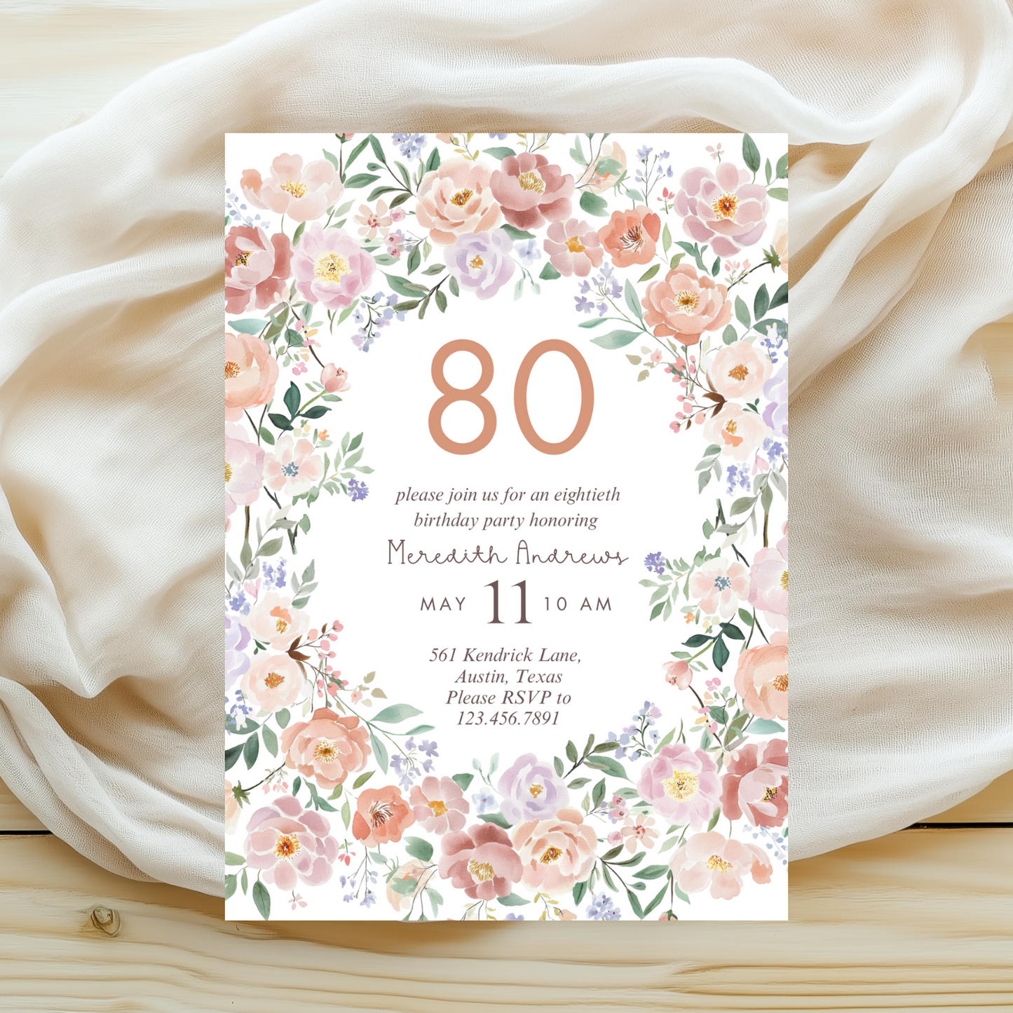 Watercolor Pink Floral 80th Birthday Invitation
