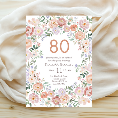 Watercolor Pink Floral 80th Birthday Invitation