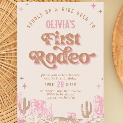 First Rodeo Western Pink Cowgirl Birthday Invitation