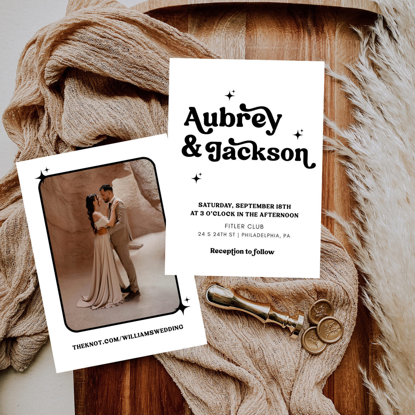 KATIE Retro Wedding Invitation Suite – Digital Download Bundle + BONUS Attire Card