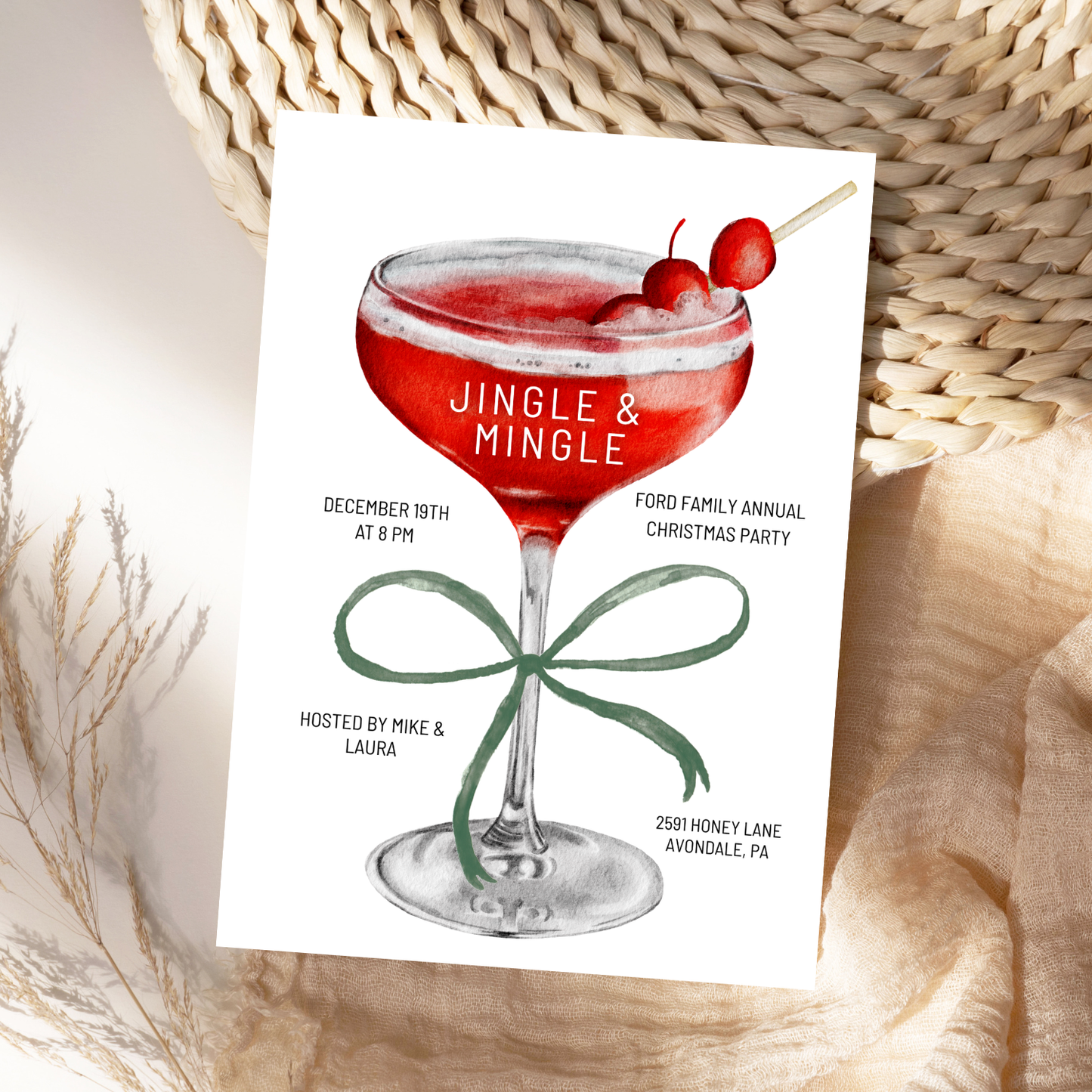 Watercolor Cocktail Christmas Party Editable Invitation