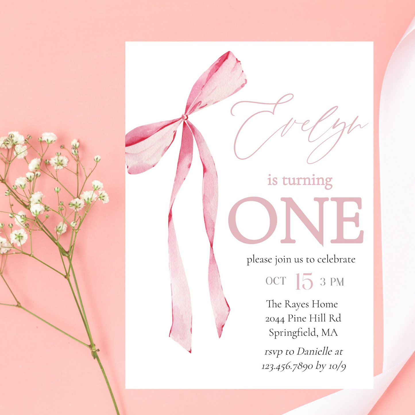 Pink Bow First Birthday Invitation