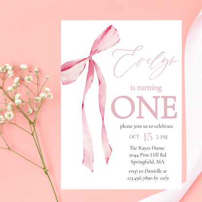 Pink Bow First Birthday Invitation