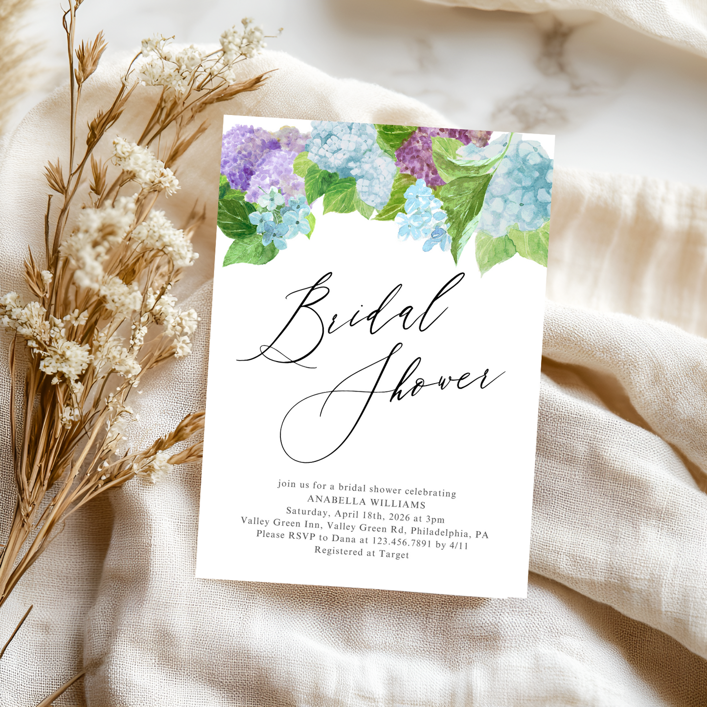 Watercolor Hydrangea Bridal Shower Invitation | Digital Download