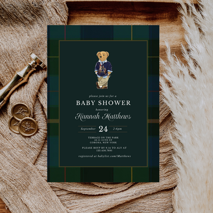 Plaid Teddy Bear Baby Shower Invitation