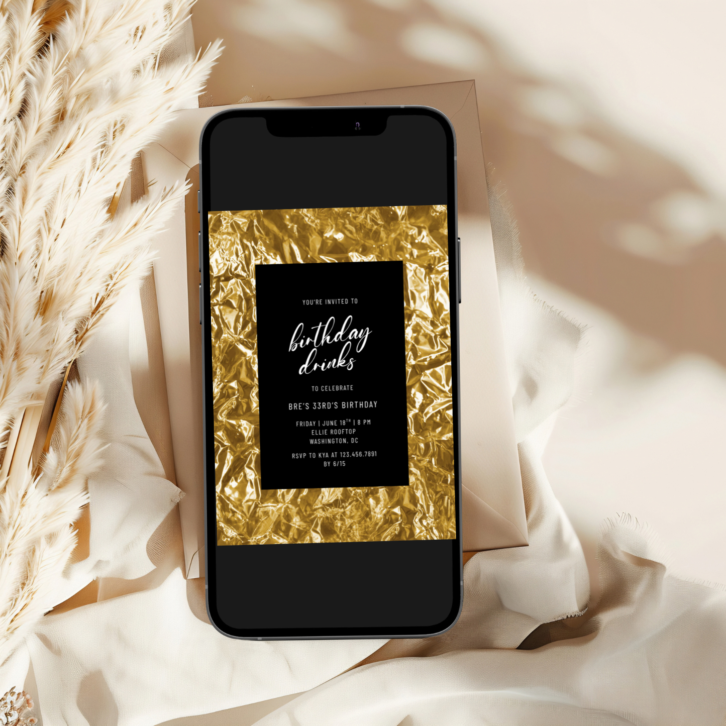 Gold Foil and Black Editable Birthday Invitation