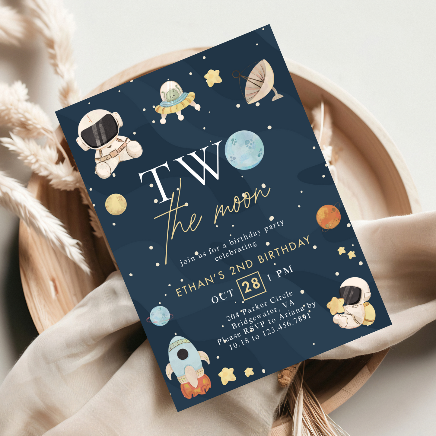 Modern Two the Moon 2nd Birthday Invitation