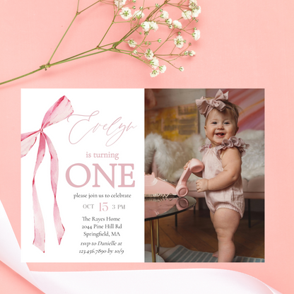 Pink Bow First Birthday Photo Invitation