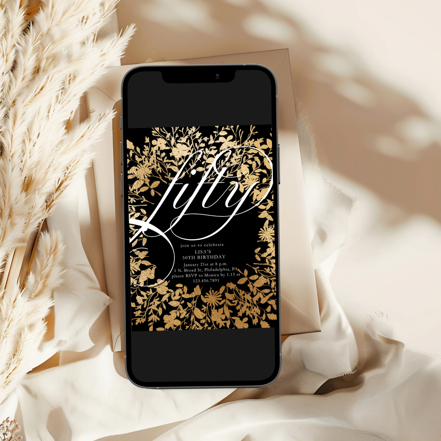 Gold Floral Fifty 50th Birthday Invitation