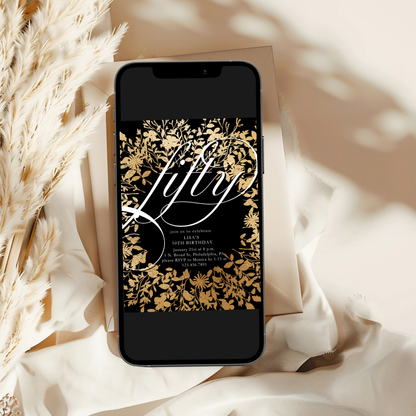 Gold Floral Fifty 50th Birthday Invitation