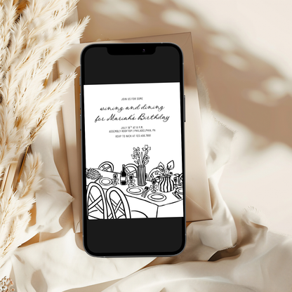Hand-Drawn Wining and Dining Birthday Invitation