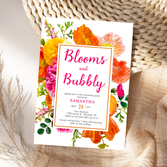 Stylish Orange & Pink Floral Birthday Invitation