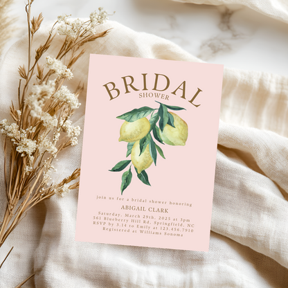 Watercolor Pink Lemon Bridal Shower Invitation | Digital Download