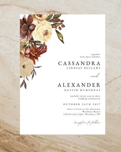 Cassandra Burgundy Floral Wedding Invitation Suite Bundle