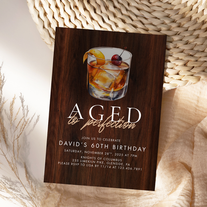 Rustic Whiskey Aged to Perfection Mens Birthday Invitation